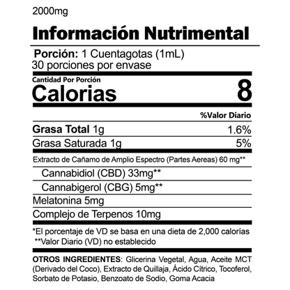 CBDfx Informacion Nutrimental Tincture Sleep 2000mg