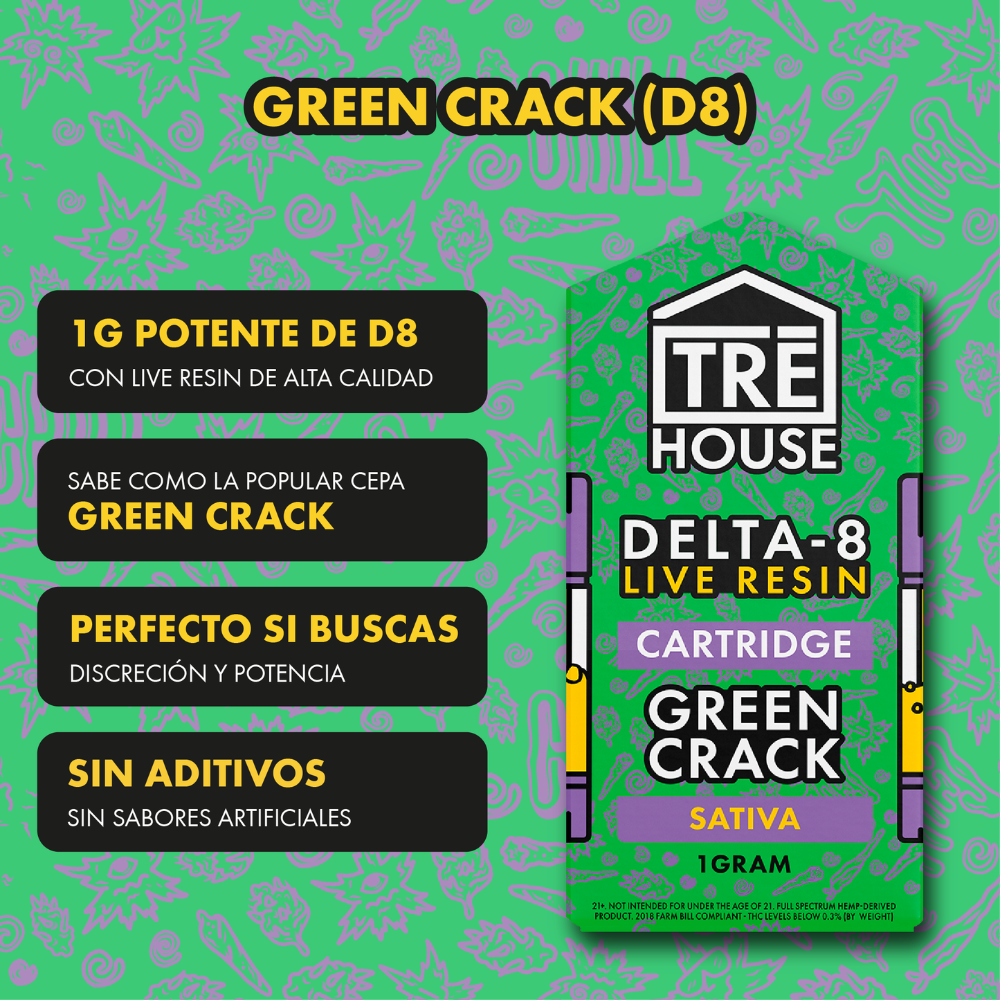 Tre House Cartridge Green Crack (Live Resin/Delta 8)