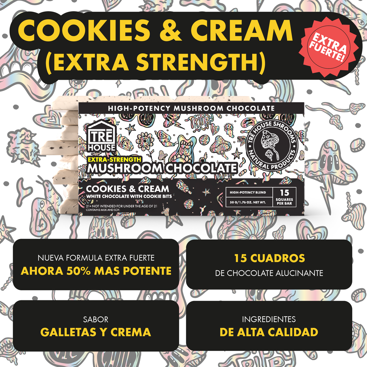 Tre House Chocolate Bar Magic Mushrooms Cookies & Cream  Extra Strength