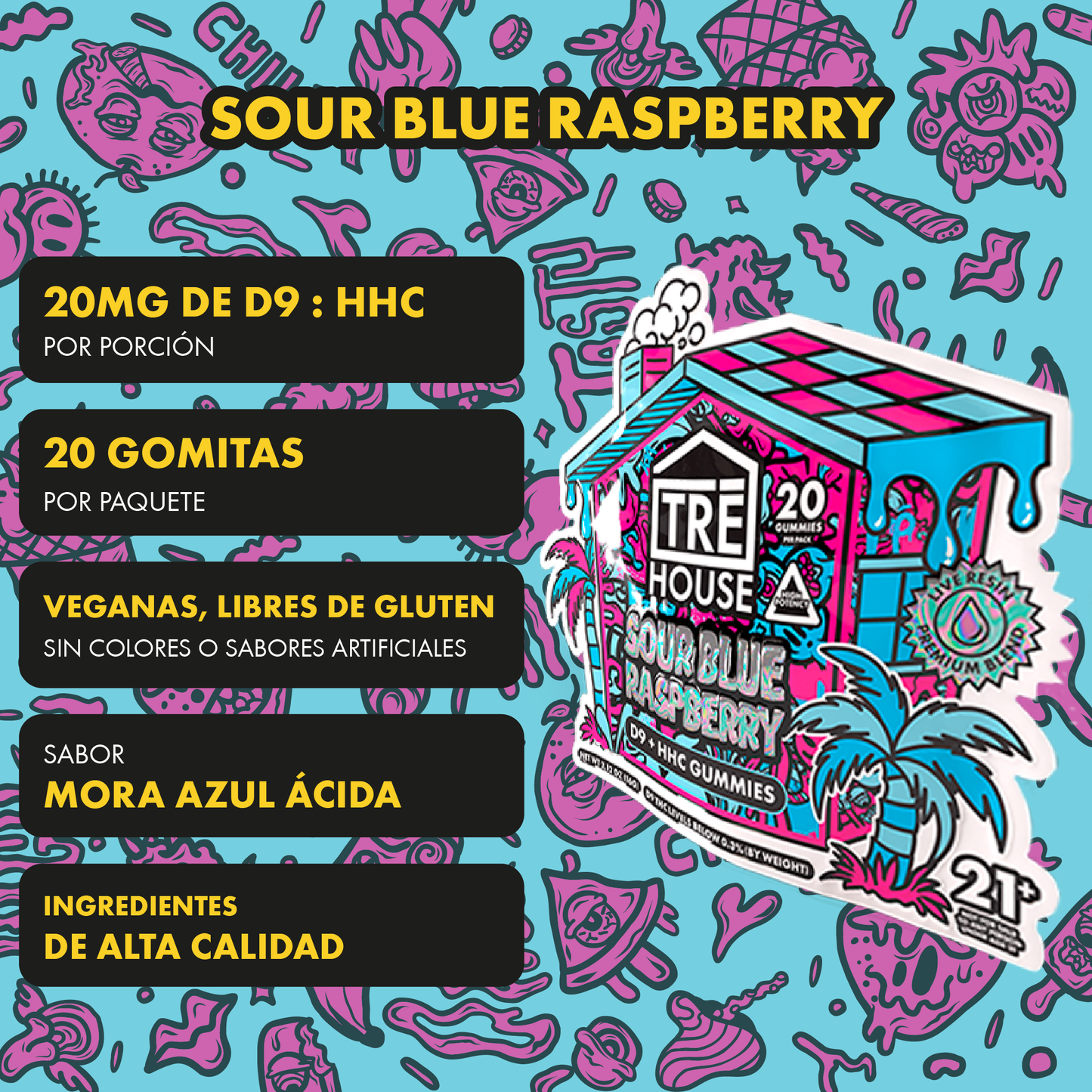 Tre House Gummies SourBlueRaspberry D9/HHC 20ct